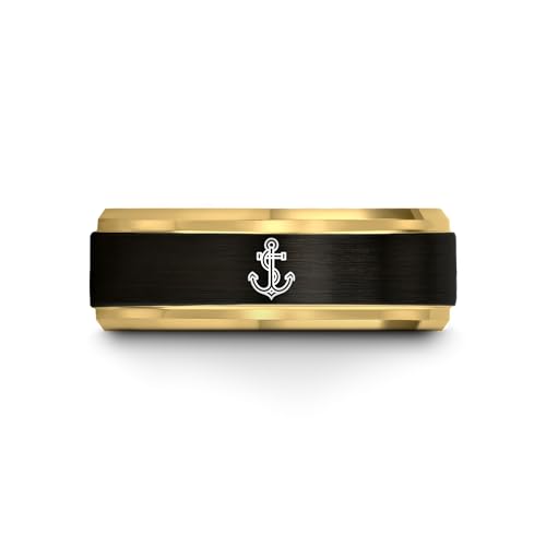 Gift for Nautical Fan - Anchor With Rope Ring - Men Women - Tungsten - Flat Dome Bevel - Band - Yellow Gold Black Silver Blue - Anniversary Wedding - 8mm - Brushed Polished - Personalized Custom Engra - color: 07 - Yellow Gold Black Tungsten