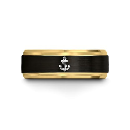 Gift for Nautical Fan - Anchor With Rope Ring - Men Women - Tungsten - Flat Dome Bevel - Band - Yellow Gold Black Silver Blue - Anniversary Wedding - 8mm - Brushed Polished - Personalized Custom Engra - color: 07 - Yellow Gold Black Tungsten