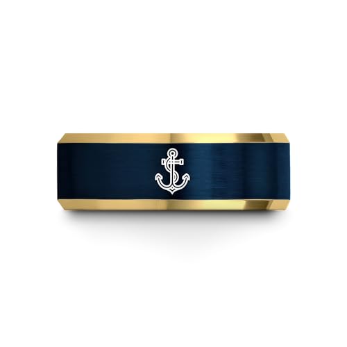 Gift for Nautical Fan - Anchor With Rope Ring - Men Women - Tungsten - Flat Dome Bevel - Band - Yellow Gold Black Silver Blue - Anniversary Wedding - 8mm - Brushed Polished - Personalized Custom Engra - color: 13 - Yellow Gold Blue Tungsten