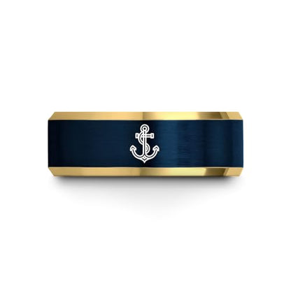 Gift for Nautical Fan - Anchor With Rope Ring - Men Women - Tungsten - Flat Dome Bevel - Band - Yellow Gold Black Silver Blue - Anniversary Wedding - 8mm - Brushed Polished - Personalized Custom Engra - color: 13 - Yellow Gold Blue Tungsten