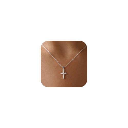 Cross Necklace for Women, Dainty 14K Gold Plated CZ Pendant - color: Silver-marquise cz cross