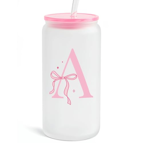 SANDJEST Monogrammed Glass Drinking Can Cup with Acrylic Lid and Straw, Personalized Frosted Iced Coffee Tumbler 16oz, Monogram Initial Gifts for Women Girls on Birthday (A) - color: Letter A
