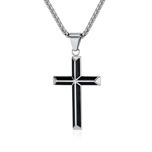 Cross Necklace for Men,Stainless Steel Christian Pendant Jewelry - color: A-black-60cm chain