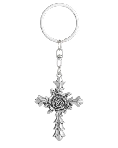 Cross Keychain for Men,Jesus Key Chain Christian Car Key Accessories，Easter Christmas Religious Gift,Purse Bag Charms - color: Silver Rose