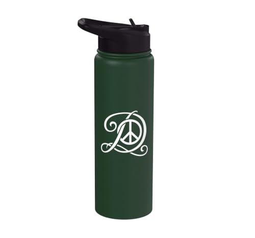 fancy Italic script Initial Letter D minimalist peace sign Stainless Steel Insulated Water Bottle - color: Dark Green