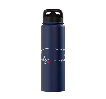 Mahjong With MahGirls Elegant Script Heart Stainless Steel Insulated Water Bottle - color: Navy Blue