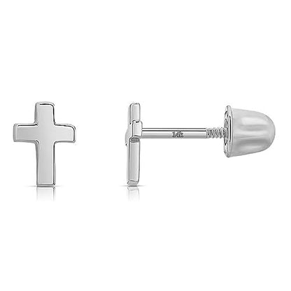 Little Solid Gold 14k Screw Back Cross Stud Earrings - color: White Gold