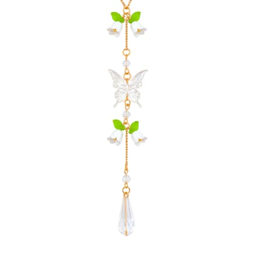 Butterfly Flower Car Rearview Mirror Charm White Lily of Valley - color: White - Butterfly