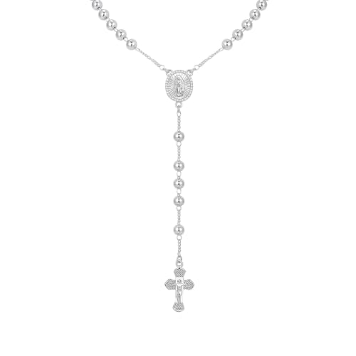 Women's Gold Rosary Beads Necklace,14K Gold Plated Virgin Mary Y Necklaces - color: Silver