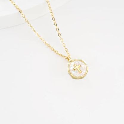 Gold Enamel Mini Cross Necklace Tiny Mother of Pearl Cross Necklace Religious Christian Gift for Baptism First Communion Christmas - color: Medium Opal cross(13mm)-white