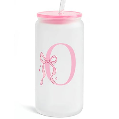 SANDJEST Monogrammed Glass Drinking Can Cup with Acrylic Lid and Straw, Personalized Frosted Iced Coffee Tumbler 16oz, Monogram Initial Gifts for Women Girls on Birthday (O) - color: O