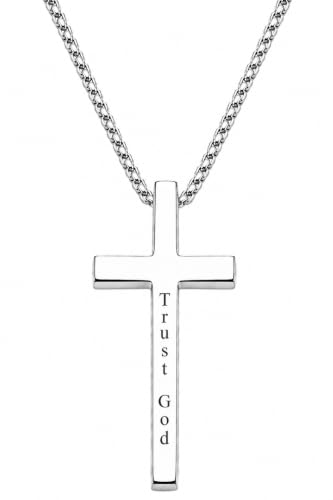 Engraved Cross Necklace for Men, Women & Boys & Girls Cross Necklace, Stainless Steel Cross Pendant Necklace, Faith & Inspiration Christian Jewelry Gift - color: Trust God
