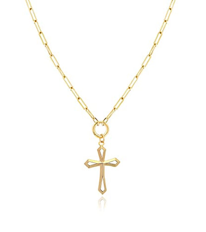 Jewelry Atelier Gold Filled Pendant Necklace Collection - 14K Yellow Gold Filled Pendant Necklace with Solid Clip Chain for Women (Different Sizes and Styles with Extension/Adjustable Chain) - style: Cross 12.5mm Width