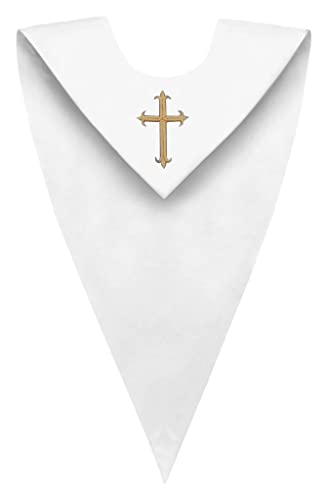 CLERKMANS Unisex Adult V-Neck Choir Stole with Embroidered Cross Patch - color: White