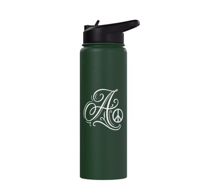 fancy Italic script Initial Letter A minimalist peace symbol Stainless Steel Insulated Water Bottle - color: Dark Green