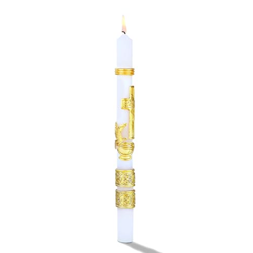 Catholic Baptism Candle - Baptismal Candle for Boys and Girls - Velas para Bautizo - White, Religious Symbols, Long Burning - color: Gold Candle