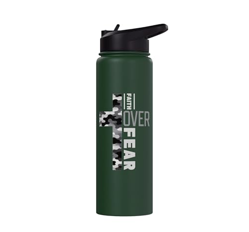 Faith Over Fear Christian Camo Cross Religious Bible Verse Stainless Steel Insulated Water Bottle - color: Dark Green