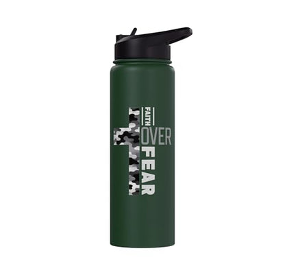 Faith Over Fear Christian Camo Cross Religious Bible Verse Stainless Steel Insulated Water Bottle - color: Dark Green