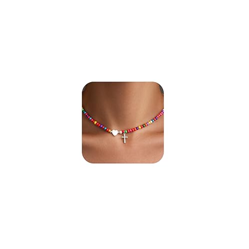 WomenGifts Colorful Beaded Cross Pendant Necklace, Trendy Heart Choker Jewelry for Teen Girls Women, First Communion Confirmation Baptism Catholic Religious Perfect Valentine's Gifts - color: Silver