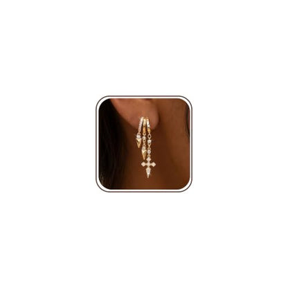 Dangle Earrings for Women Trendy Triple Huggie Hoop Stud Earring - color: F. Cross