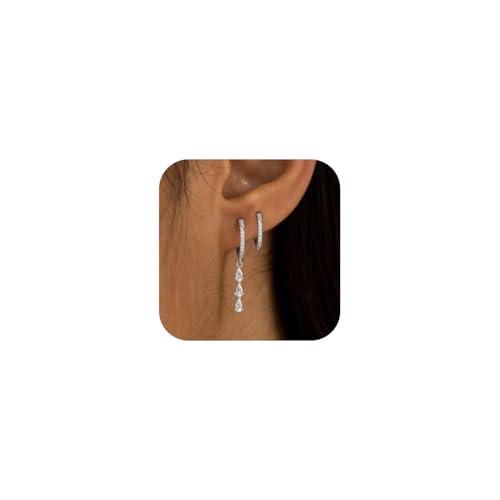 Bheop Gold Silver Dangle Earrings for Women, Cubic Zirconia Earring Stack - color: Silver-cz dangle hoop set