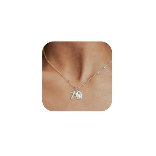 NIXMAX Small Cross Necklace for Women, 14K Gold Silver Plated Pendant - color: Silver-Virgin Mary with Cross