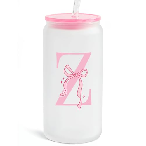 SANDJEST Monogrammed Glass Drinking Can Cup with Acrylic Lid and Straw, Personalized Frosted Iced Coffee Tumbler 16oz, Monogram Initial Gifts for Women Girls on Birthday (Z) - color: Z