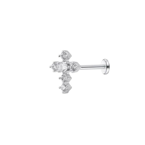 Crystal Cross Labret Cartilage Monroe Helix Stud Earring Stainless Steel Cubic Zirconia Faith Blessed Prayer 16G Tragus Sleeper Studs Lip Nose Ring Dainty Body Piercing Jewelry Gifts for Women Men Unisex