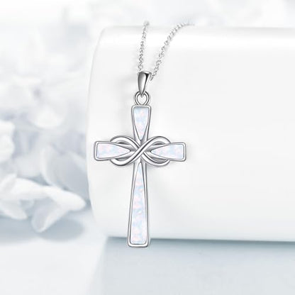 Infinity Cross Necklace S925 Sterling Silver Turquoise/Wooden/Opal/Abalone Cross Pendant Necklaces Christian Jewelry Gifts For Women - style: Opal