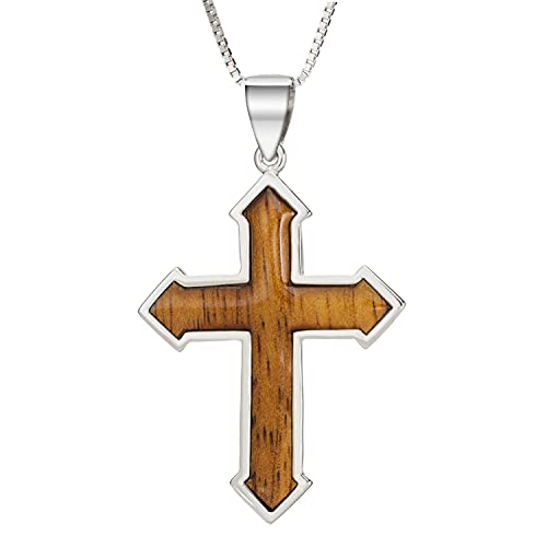 Sterling Silver Koa Wood Inlay Cross Crucifix Necklace Pendant with 18" Box Chain, Nickel Free Hypoallergenic for Sensitive Skin, Gift Box Included - color: Pointed Cross