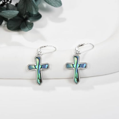 Cross Earrings 925 Sterling Silver Dangle Earring Gifts for Women - style: A-Abalone shell