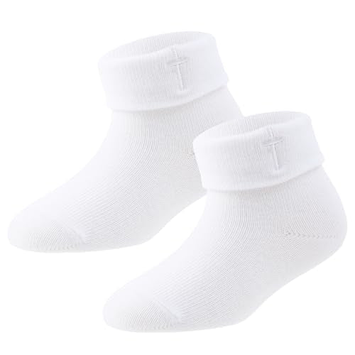 Baptism Socks for Baby Girls - White Newborn Christening Socks With Cross & Eyelet Frilly Lace - color: White