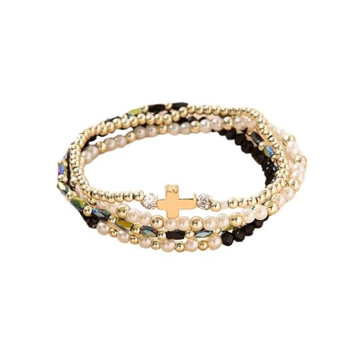 Colorful Cross Charm Bracelets for Women Men Adjustable Gold Plated Beaded Bracelet Boho Bead Ball Stretch Bracelet Birthday Summer Beach Jewelry - color: Black B