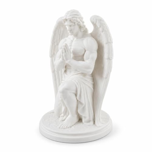 White Kneeling Praying Male Angel Statue, Plastic Figurine with Hands Clasped for Tabletop, Shelf and Desk Display