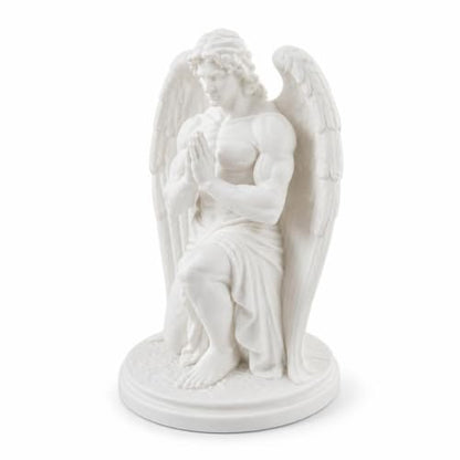White Kneeling Praying Male Angel Statue, Plastic Figurine with Hands Clasped for Tabletop, Shelf and Desk Display