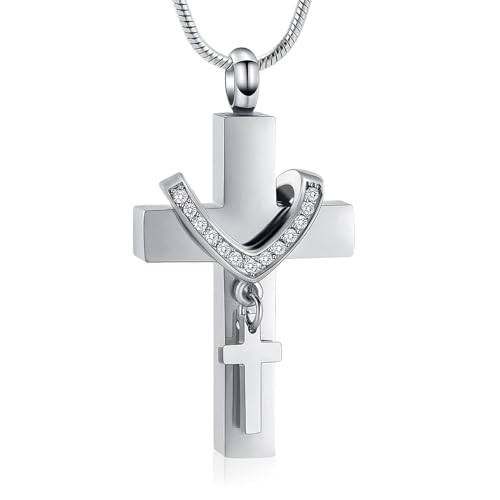 Cremation Jewelry for Ashes Pendant - Cross Urn Necklace with Mini Keepsake Urn Memorial Ash Jewelry - color: Steel