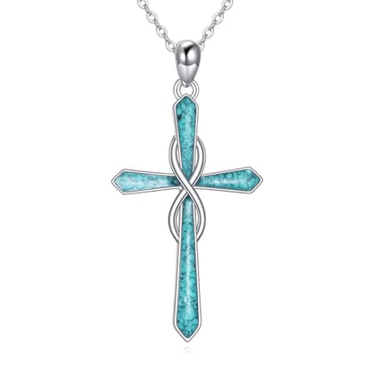 Infinity Cross Necklace S925 Sterling Silver Turquoise/Wooden/Opal/Abalone Cross Pendant Necklaces Christian Jewelry Gifts For Women - style: Turquoise-2
