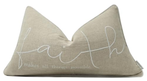 Rudransha Faith Bible Verse Embroidered 12x20 Lumbar Throw Pillow Cover - Natural Linen Scripture Christian Gift - Inspirational Quote Decor for Bed Sofa Couch Prayer Room - color: Natural-faith