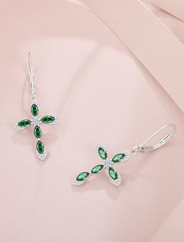 Birthstone Cross Earrings for Women 925 Sterling Silver - color: 05 May - Emerald