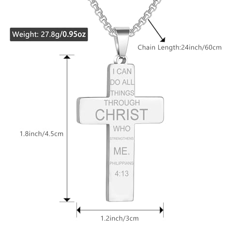 RWQIAN American Flag Cross Necklace for Men Bible Verse, Christian Religious Scriptures Faith Baptism 1st First Communion Pendant Chain for Boys, Fathers Dad Day Graduation Jewelry Gifts for Him - color: Silver, style: Philippians 4:13