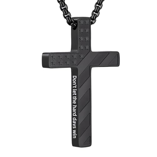 Cross Necklace for Men Black Gold Silver American Flag Pendant Chain Bible Verse Stainless Steel Necklaces Mens Stocking Stuffers for Christmas Christian Gifts - color: black, style: win