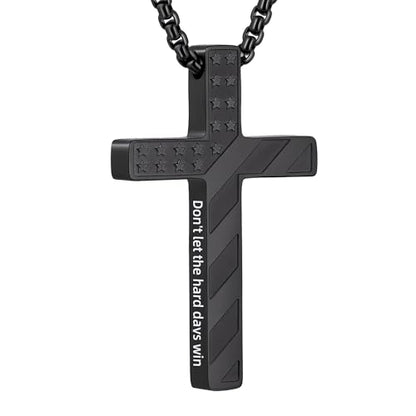 Cross Necklace for Men Black Gold Silver American Flag Pendant Chain Bible Verse Stainless Steel Necklaces Mens Stocking Stuffers for Christmas Christian Gifts - color: black, style: win