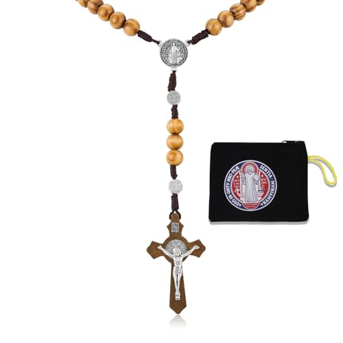 HANRESHE Wooden Beads Rosary Necklace Wooden Crosses Pendant Catholic Rosary Necklace for Men with St.Michael - color: yellow