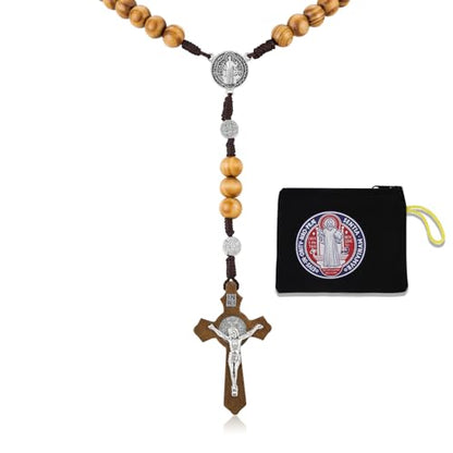 HANRESHE Wooden Beads Rosary Necklace Wooden Crosses Pendant Catholic Rosary Necklace for Men with St.Michael - color: yellow