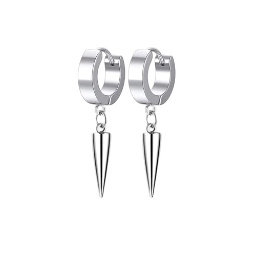 Unisex Punk Hip Hop Stainless Steel Silver Black Gold Tone Lock Thunder Lightning Bolt Dangle Huggie Hoop Earrings Gift for Women Men Boy Teens - color: Silver-Spike Awl