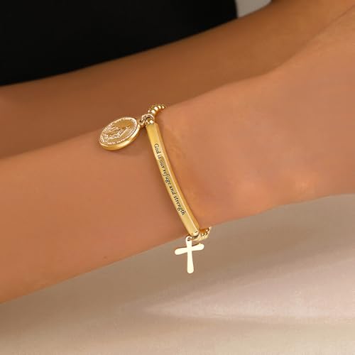 DS Women Christian Charm Bracelet,Cross Scripture Stainless Steel Jewelry - style: God is our refuge and strength-Gold