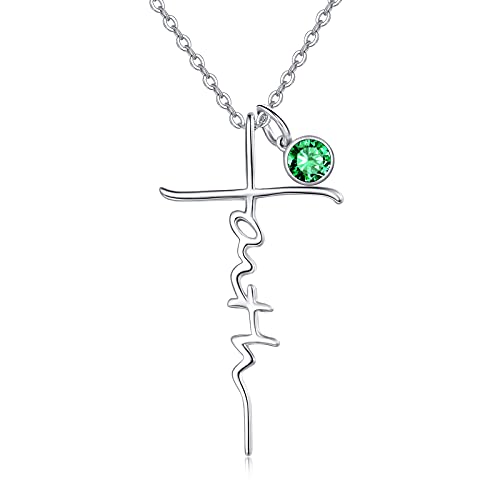 PRAYMOS Faith Cross Necklace for Women 925 Sterling Silver Pendant Necklace With Birthstone Initial Christian Religious Confirmation Baptism Mothers Day Gifts - color: 2-Silver May(Emerald)