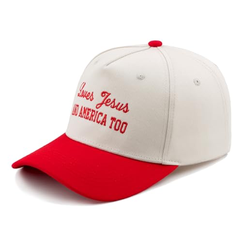 Embroidered Christian Two-Tone Baseball Cap for Men & Women, Adjustable Dad Hat Christmas Easter Gift - color: Loves Jesus and America Too, Red/Beige