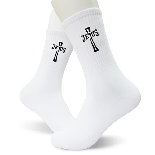 Christian Embroidered Crew Socks, Jesus Faith Religious Socks for Women and Men, Cross Scripture Novelty Gift Socks - color: Esus Cross Letter White