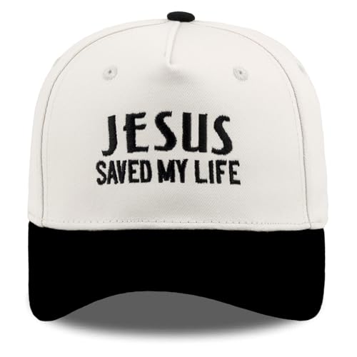 Embroidered Christian Two-Tone Baseball Cap for Men & Women, Adjustable Dad Hat Christmas Easter Gift - color: Jesus Saved My Life, Black/Beige